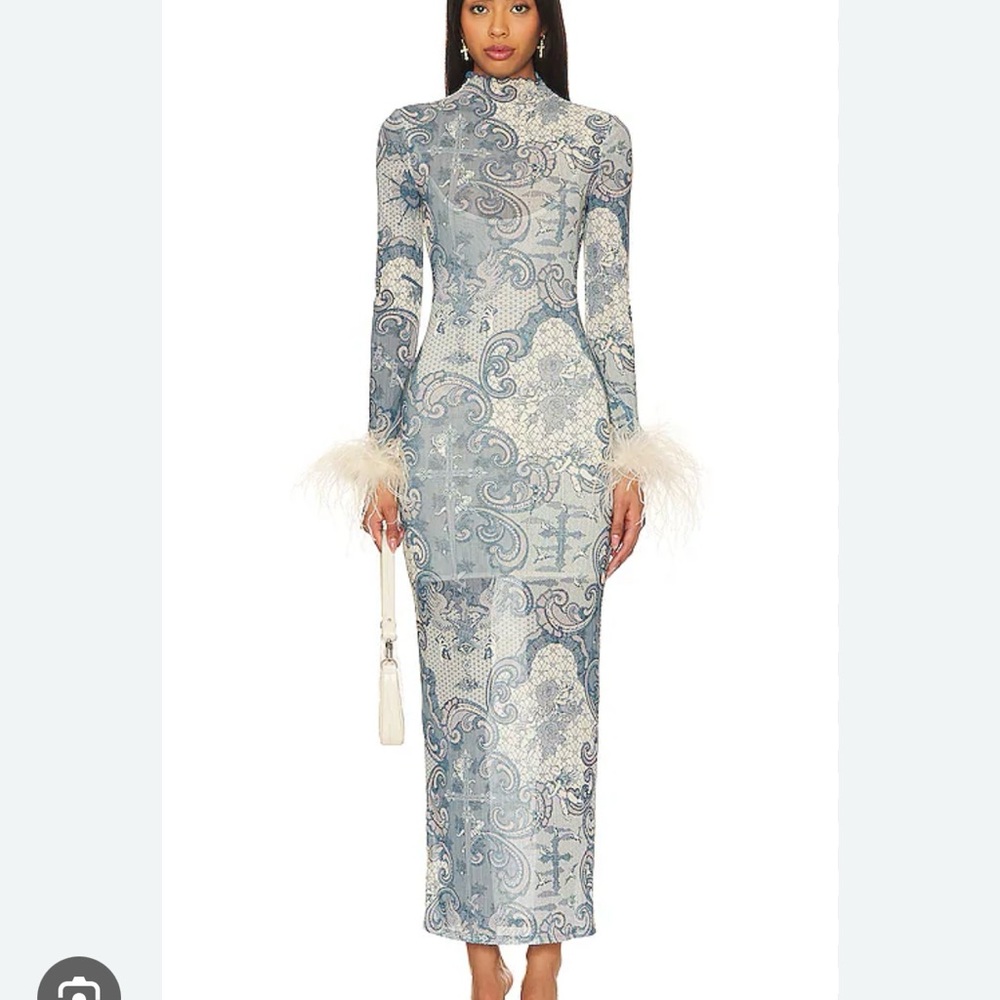 Elegant Blue Patterned Long Sleeve Dress with Feather Cuffs LOBA Lara Maxi Dress